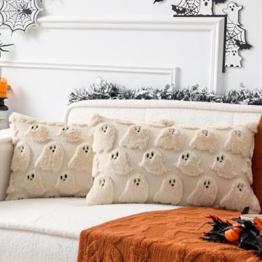 Imagem de UGASA Capas de travesseiro de Halloween 30,5 x 50,8 cm, conjunto de 2 fronhas bordadas de pelúcia macia de lã sintética retangular, capas lombares, decoração de casa, presente para sofá, cadeira cama