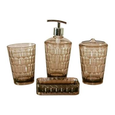 Imagem de Llazsybz Dispensador de Sabonete de 4 Peças, Porta-escovas de Dentes, Conjunto de Acessórios para Banheiro, Copo para Enxaguatório Bucal para Hotel, marrom