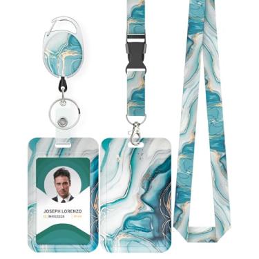 Imagem de Uniclife Porta-crachá deslizante de mármore ciano, suporte de cartão de plástico com carretel retrátil para crachá mosquetão cordão destacável protetor de cartão vertical para trabalhadores de