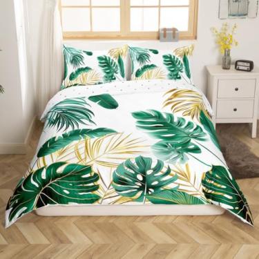 Imagem de jejeloiu Jogo de cama king size com folhas tropicais botânicas de folhas tropicais de folhas de palmeira para decoração de quarto (sem edredom