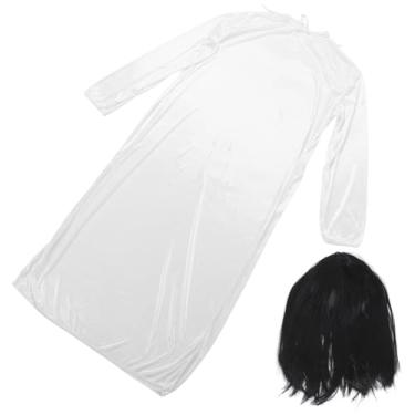 Imagem de NUOBESTY Vestido de noiva fantasma, roupas brancas e peruca preta, fantasia de terror de Halloween, vestido de cosplay para decorações de festa de Halloween