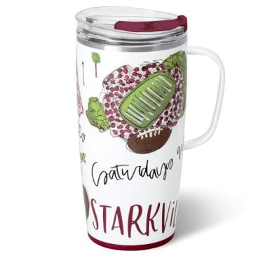 Imagem de Swig Life Caneca de viagem de 623 g, copo isolado com alça e tampa, caneca de café de viagem, compatível com porta-copos, copo de aço inoxidável de 623 g, reutilizável isolado com tampa (sábados em