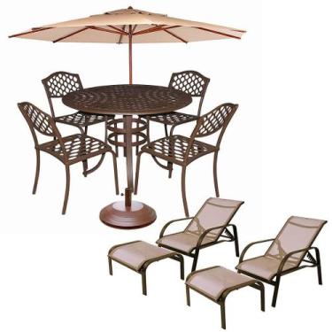 Imagem de Jogo de Mesa com 4 Cadeiras Jardim Alumínio Fundido com Ombrelone e 2 