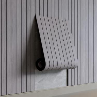 Imagem de Painel de parede de ripas de PVC de 599.4 cm x 40.0 cm Autoadesivo Grosso Cinza Sintético Grão de Madeira Painéis de Parede 3D à Prova de Som para Paredes e Tetos