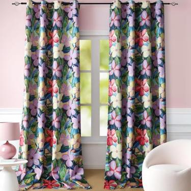 Imagem de Cortinas florais blecaute tropicais de 262 cm de comprimento extra longas, hibisco roxo brilhante, cortinas para sala de estar, cortinas de flores coloridas havaianas com 2 painéis, 52 x 108 C