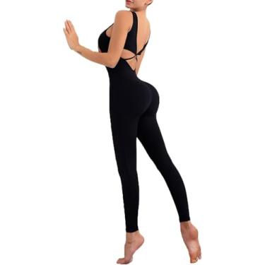 Imagem de Mulheres 2 Peças Roupas Esportivas One Piece Yoga Macacões Leggings Sexy Recorte Costas Bodycon Romper Butt Lift Calças Compridas Playsuit Workout Gym Suit Lady Trendy Fit, Black, M
