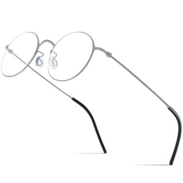 Imagem de VFDHN Armação de óculos de titânio masculina redonda ultraleve (armação prateada C1)