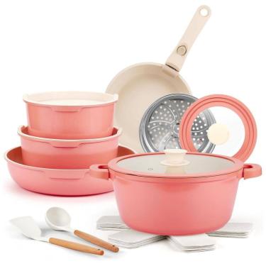 Imagem de Jogo de Panelas e Frigideiras Antiaderentes de Cerâmica com 19 Peças, Cabo Removível e Utensílios de Cozinha, IKTU, Rosa