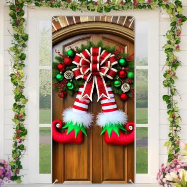 Imagem de BlissYard Bandeira de porta de Natal com pernas de elfo, 89 x 189 cm, decoração de férias com meia-calça listrada, laço vermelho, pinheiro verde e ornamentos para festa de Natal na porta da frente ou