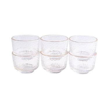 Imagem de BOSILI Conjunto de 6 copos de saquê de vidro com borda dourada, elegantes copos de bebida de estilo japonês para saquê, uísque e coquetéis, copos transparentes duráveis com detalhes dourados feitos à