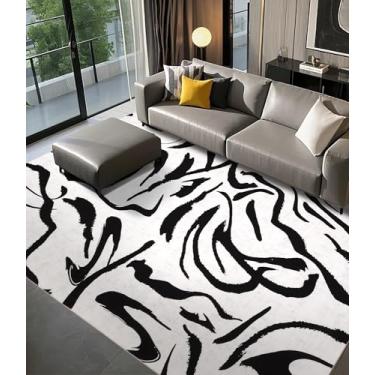 Imagem de YIHOUSE Tapetes modernos 15 x 23 cm, tapete lavável em preto e branco, tapete listrado geométrico fino abstrato minimalista, tapetes pretos para sala de estar, quarto, cozinha, sala de jantar
