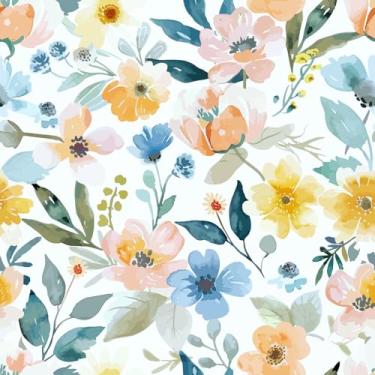 Imagem de VaryPaper Papel de parede floral em aquarela azul/laranja/rosa de 48 cm x 800 cm para quarto de crianças, papel de parede floral decorativo para armários papel de parede floral autoadesivo removível