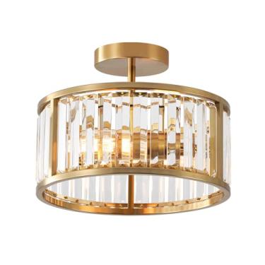 Imagem de LHLYCLX Luz de teto de latão dourado para montagem embutida, 2 lustres de cristal com gaiolas de luz, luminária de corredor de tambor pequeno suporte de teto (latão dourado)