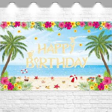 Imagem de FHGG Happy Moana Birthday Backdrop Banner Decoration Banner Hawaiian Party Blue for Happy Birthday Tropical Luau Summer Baby Shower Backdrops Decor Home Outdoor Flags Supplies