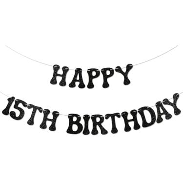 Imagem de Banner Happy 15th Birthday - Cheer to 15 Years, decoração de festa de aniversário de 15 anos para meninos adolescentes adolescentes com glitter preto