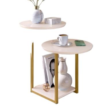 Imagem de Mesa Apoio Lateral Sala com 2 Tampos Pés de Ferro Industrial(LUIZA - OFF WHITE/DOURADO)