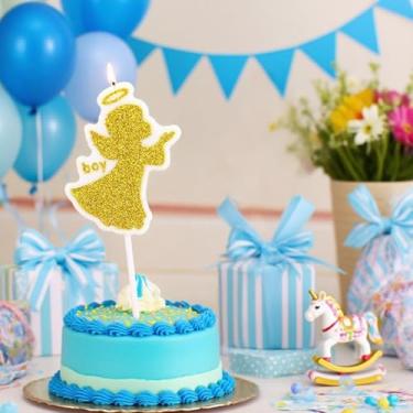 Imagem de Vela de bolo em forma de anjo cintilante, topo de glitter dourado para aniversários, cupcakes, elegante decoração de poeira dourada para batizados e momentos especiais (menino barroco)