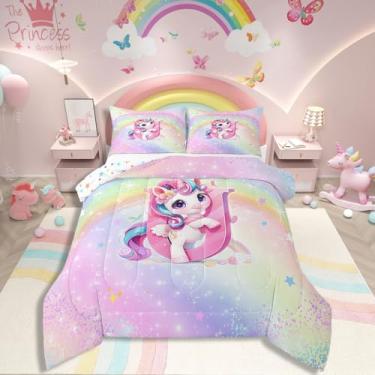 Imagem de Jogo de cama solteiro, para meninas, arco-íris, rosa, unicórnio, fofo, reversível, galáxia, estrelas, edredom com letra U do alfabeto, para adolescentes, crianças, desenho animado, unicórnio