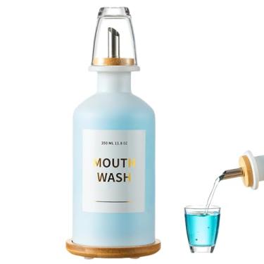 Imagem de Dispensador de enxaguante bucal de vidro para banheiro, garrafa decantadora de enxaguante bucal de 335 g com bicos de aço Stianless, recipiente para enxaguante bucal com suporte de bambu, copos