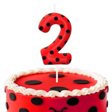 Imagem de Velas de aniversário de joaninha número 2, topo de bolo de bolinhas vermelhas e pretas para meninos e meninas, decorações de aniversário, suprimentos de festa, velas numéricas para decoração de festa