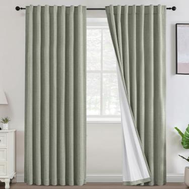 Imagem de Cortinas blackout 100% verde sálvia para sala de estar, linho de chenille macio texturizado com revestimento branco flocado nas costas, cortinas térmicas modernas chiques, 132 cm L x 243 cm C, sálvia