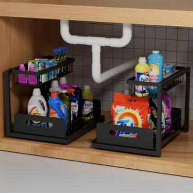 Imagem de Lxmons Organizador deslizante sob a pia de 2 camadas, pacote com 2 prateleiras de armazenamento com gaveta deslizante de arame para banheiro, cozinha, bancada ou prateleira de despensa, preto