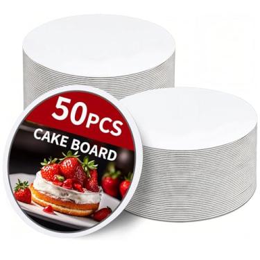 Imagem de Pacote com 50 tábuas de bolo redondas de 20 cm, redondas de tábua de bolo de papelão, pratos descartáveis brancos, círculos de bolo, base redonda, suporte de prato descartável de grau alimentício para