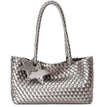 Imagem de DSGUTWO Bolsa de tecido para mulheres, bolsas e bolsas modernas, bolsas de ombro de praia, bolsa de viagem trançada com alça superior (prata pistola)