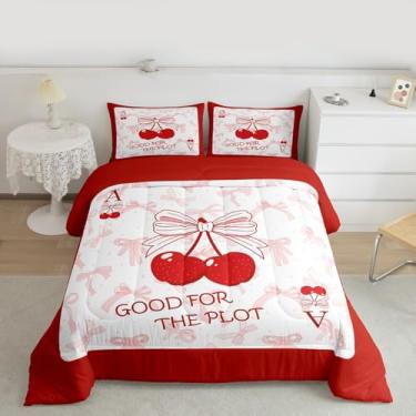 Imagem de Feelyou Conjunto de edredom com laço de coquete vermelho cereja para todas as estações, conjunto de cama com 2 fronhas, presentes para mulheres e meninas, roupa de cama de casal personalizada com