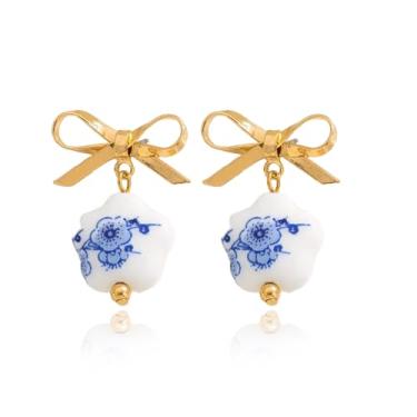 Imagem de Brincos de laço femininos de ouro branco azul com pingente de flor de cerâmica elegante joias presentes, Large, Zinco, Sem pedra preciosa