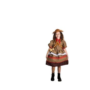 Imagem de Fantasia Infantil Cangaceira Maria Bonita Faroeste, Vestido Marrom com Renda Branca, Cartucheira, Lenço Vermelho, para São João, Folclore e Festas - 6 anos