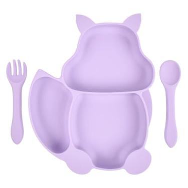 Imagem de Prato Infantil Silicone de Gatinho com Divisórias, Ventosa e Talheres (Roxo)