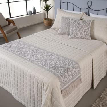 Imagem de Kit Peseira Manta de Cama Sofá Queen King Grécia 5 Peças Tecido Jacquard Acompanha Almofadas Cheias (Cáqui, King)