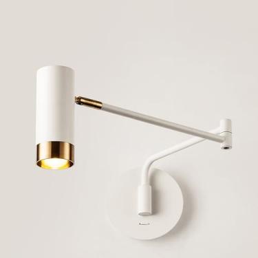 Imagem de Luminária de parede com braço articulado branco/preto, luminária de parede giratória de 350° ao lado da leitura com interruptor liga/desliga, moderno, flexível, ajustável, para cabeceira de