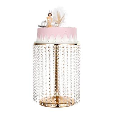 Imagem de Suporte de bolo de metal redondo com pingentes e contas de cristal, suporte dourado de 30,5 cm para mesa de sobremesa, casamento, aniversário, festa (ouro)