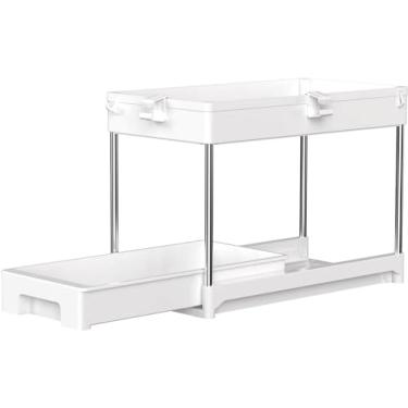 Imagem de Prateleira para pia de cozinha organizador de cozinha de plástico organizador de metal de 2 níveis debaixo da pia armário removível gaveta de cesta deslizante com alça para casa de banho escritório Ma