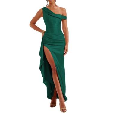 Imagem de Vestido de baile maxi Alphirkut 2024 com fenda longa, verde acetinado,