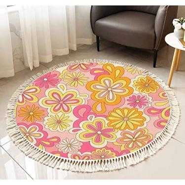 Imagem de Tapete de franja redondo floral psicodélico hippie sem costura nostálgico retrô flores anos 60 Groovy Boho Tapete de área com borlas de linho tecido à mão para pátio corredor tapete de corredor