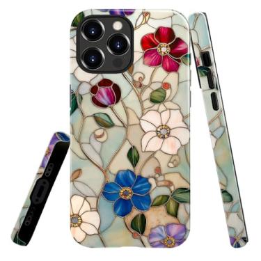 Imagem de heindiy Compatível com iPhone 16, capa brilhante proteção completa à prova de choque anti-arranhões capa de TPU, capas para homem mulher - vintage encantador flor vitral
