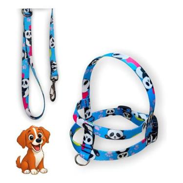 Imagem de Coleira Peitoral Lari Pet Com Guia Cães Seda Estampada N5, Pandas