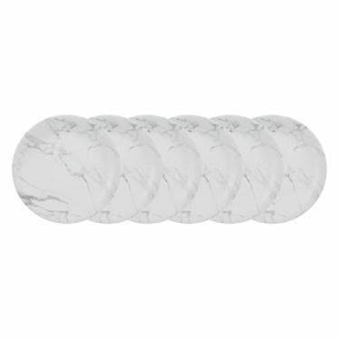 Imagem de Estojo com 6 Pratos Rasos. Modelo Redondo Voyage Coup. Decoração Mármore Cinza. Fabricado pela Porcelana Schmidt.
