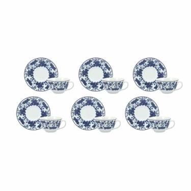 Imagem de Estojo com 6 xícaras de chá com pires. Modelo redondo izabel. Decoração folhagem. Porcelana real by porcelana schmidt.