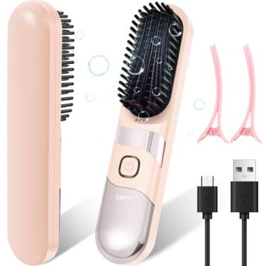 Imagem de KHZSPP Escova alisadora de cabelo pequena, mini escova de alisamento sem fio portátil de 6 temperaturas para mulheres, viagens, salão de beleza e uso estudantil, recarregável (rosa)
