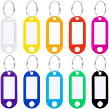Imagem de BEIQIYA 10 etiquetas de chave com janela de etiqueta, identificadores de etiqueta de bagagem com anel de chaveiro, chaveiros graváveis para unidades USB, malas, animais de estimação, nome ID-10 cores