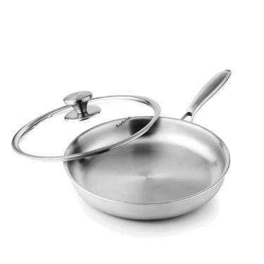 Imagem de Kordichef Frigideira de aço inoxidável de 25 cm com tampa, panela de aço inoxidável saudável de três camadas, frigideira, frigideira por indução, panelas de cerâmica e gás, sem PFOA, pode ser lavada