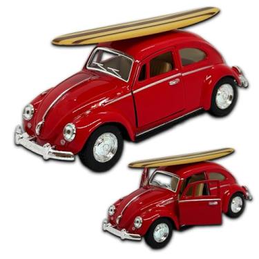 Imagem de Miniatura fusca 1967 carrinho de coleção em metal, 12 CM, 1/32, abertura de portas laterais, rodinhas em borracha e com fricção, Miniatura de carros antigos (Vermelho com prancha)
