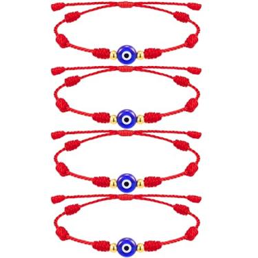 Imagem de Poxtex 4 pulseiras olho turco, 7 nós, sorte, rakhi para irmão e bhabhi, cordão vermelho ajustável, amuleto para mulheres e homens com contas de ouro, pulseira de mão de joia de proteção, One Size