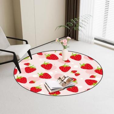 Imagem de FUYEUN Tapete redondo de morango Kwaii rosa para quarto, dormitório, sala de estar, tapete fofo, tapete de chão, capacho, 120 x 20 cm