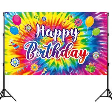 Imagem de 2,1 x 1,5 m de fundo de aniversário tie dye, suprimentos de festa tie dye, decorações de aniversário, fundo de faixa de aniversário arco-íris, tema hippie dos anos 60 e 70, decorações de festa de