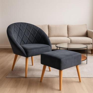 Imagem de Poltrona Canastra com Puff Apoio de Pés em Veludo Preto e Pés Palito de Madeira